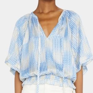 Size XS Ramy Brook "Elise" printed loose puff-sleeve top with ruched waistband